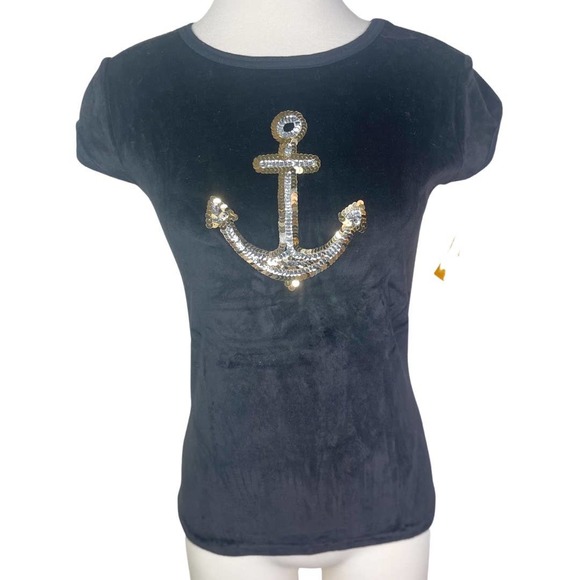 Liz Claiborne Vintage Velvet Sequin Anchor Tee Deadstock Union Tag 1980s - Picture 2 of 9